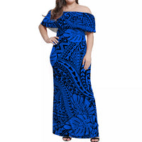 Blue Hawaii Family Matching Off Shoulder Maxi Dress And Hawaiian Shirt Tribal Art LT14 Mom's Dress - Polynesian Pride