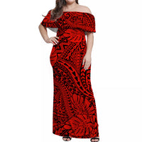 Red Hawaii Family Matching Off Shoulder Maxi Dress And Hawaiian Shirt Tribal Art LT14 - Polynesian Pride