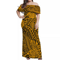 Gold Hawaii Family Matching Off Shoulder Maxi Dress And Hawaiian Shirt Tribal Art LT14 - Polynesian Pride