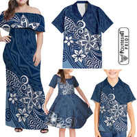 Hawaii Family Matching Outfits Polynesia Off Shoulder Maxi Dress And Shirt Family Set Clothes Plumeria Navy Curves LT7 - Polynesian Pride