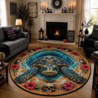 3D Illusion Honu Halloween Round Carpet Hawaiian Sea Turtle Skull Shell Vortex