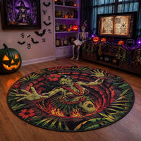 3D Illusion Hula Zombie Halloween Round Carpet Hawaiian Undead Dancer Volcano Stone Well