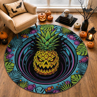 3D Illusion Pineapple Jack O Lantern Halloween Round Carpet Tropical Spooky Fruit Monstera Swirl