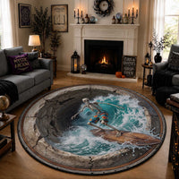 3D Illusion Surfing Skeleton Halloween Round Carpet Surfboard Bones Ocean Wave Stone Well