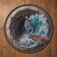 3D Illusion Surfing Skeleton Halloween Round Carpet Surfboard Bones Ocean Wave Stone Well