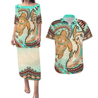 Hawaii Couples Matching Puletasi Dress And Hawaiian Shirt Polynesian Shark And Sea Turtle Dreamy Turquoise LT14 Turquoise - Polynesian Pride