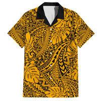 Hawaii Couples Matching Off Shoulder Long Sleeve Dress and Hawaiian Shirt Gold Polynesian Tribal Art LT14