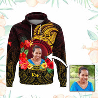 Custom Photo Papua New Guinea Hoodie Coat Of Arms Tropical Flowers Polynesian Pattern CTM05 Black - Polynesian Pride