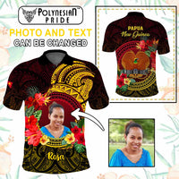 Custom Photo Papua New Guinea Polo Shirt Coat Of Arms Tropical Flowers Polynesian Pattern CTM05 - Polynesian Pride