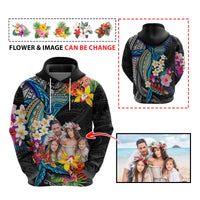 Custom Photo Polynesian Shark Tattoo Hoodie Beauty Pacific Flowers - Polynesian Pride