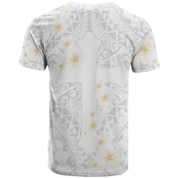 Christian Cross Floral Personalized Text T shirt Polynesian Plumeria Tribal Motif