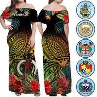 Custom Polynesian Off Shoulder Maxi Dress Coat Of Arms Tropical Flowers