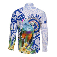 (Custom Personalised) Northern Mariana Islands Hawaii Long Sleeve Button Shirt Mariana Fruit Dove Mix Frangipani Flowers White LT13 - Polynesian Pride