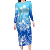 Polynesian Couple Outfits Plumeria Flowers Couples Bodycon Dress Hawaiian Shirt Polynesian Tribal Gradient Blue LT9 - Polynesian Pride