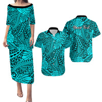 Personalised Hawaii Matching Couple Outfits For Vacation Puletasi Dress and Hawaiian Shirt Turquoise Polynesian Tribal Art LT14 Turquoise - Polynesian Pride