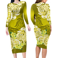 Polynesian Matching Outfit For Couples Floral Tribal Yellow Style Bodycon Dress And Hawaii Shirt LT9 - Polynesian Pride