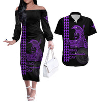 Hawaii Couples Matching Outfits Combo Long Sleeve Dress Kamehameha Day - Purple LT6 Purple - Polynesian Pride