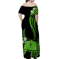 Tokelau Off Shoulder Long Dress Tokelauan Tatau With Badge Green LT14 - Polynesian Pride