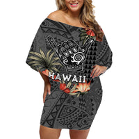 Hawaii Shaka Surf Hand Sign Off Shoulder Short Dress Polynesian Vintage Vibes LT9 - Polynesian Pride