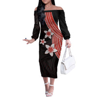 Polynesian Couples Matching Outfits Combo Long Sleeve Dress With Plumeria Flower Red LT6 - Polynesian Pride