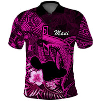 Hawaii Islands Polo Shirt Maui Map Hawaiian Shark With Tropical Flowers LT14 Pink - Polynesian Pride