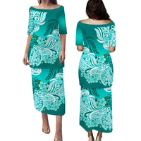 Polynesian Matching Couple Outfit Floral Tribal Puletasi Dress and Hawaiian Shirt Turquoise LT9 - Polynesian Pride
