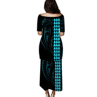 Polynesian Puletasi Dress Hawaiian Warrior and Aloha Girl With Hammerhead Shark Tattoos Light Blue LT6 - Polynesian Pride