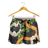 Aloha Festive Hawaii Shorts for Women Mokihana - Maile and Ilima on Black - Polynesian Pride