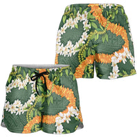 Aloha Festive Hawaii Shorts for Women Mokihana - Maile and Ilima on Forest Green - Polynesian Pride