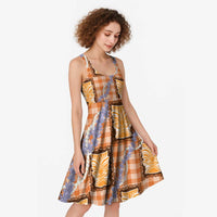 Aloha Hawaii Tiki Palaka Motifs Midi Dress Honohono Lei Orange Elegant Vibes LT14 - Polynesian Pride
