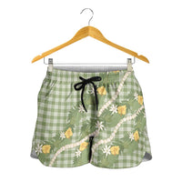 Aloha Puakenikeni Anthurium Pikake Lei Shorts for Women Green Hawaiian Palaka Pattern