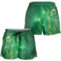 Aotearoa New Zealand New Year Shorts for Women Tribal Koru Tattoo Green Galaxy Maori Silver Fern LT03 - Polynesian Pride