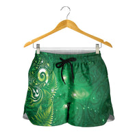Aotearoa New Zealand New Year Shorts for Women Tribal Koru Tattoo Green Galaxy Maori Silver Fern LT03 - Polynesian Pride