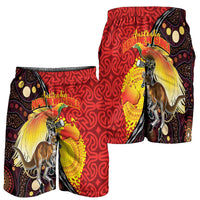 Australia and Papua New Guinea Together Shorts for Men Bird-of-paradise and Kangaroo with Oro Tapa and Aboriginal Art Motifs - Polynesian Pride