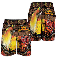 Australia and Papua New Guinea Together Shorts for Men Kangaroo Aboriginal Art and Bird-of-paradise Oro Tribal Motifs - Polynesian Pride