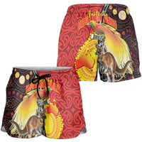 Australia and Papua New Guinea Together Shorts for Women Bird-of-paradise and Kangaroo with Oro Tapa and Aboriginal Art Motifs LT03 - Polynesian Pride