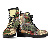Beige Aotearoa Kowhaiwhai Pattern Leather Boots NZ Maori Quilt Style - Polynesian Pride
