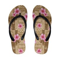 Beige Hawaii Hibiscus Tropical Flowers Motifs Flip Flops - Polynesian Pride