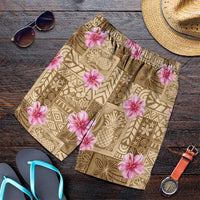 Beige Hawaii Hibiscus With Tropical Flowers Motifs Shorts for Men - Polynesian Pride