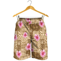 Beige Hawaii Hibiscus With Tropical Flowers Motifs Shorts for Men - Polynesian Pride