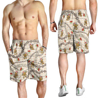 Beige Palaka Hawaii Mele Kalikimaka Shorts for Men Ohia Lehua Shell Leis Funny Gingerbread Santa - Polynesian Pride