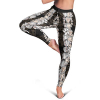 Black and Beige Hawaii Shell Lei Leggings Hawaiian Sunrise Shell Hebrew Cone Plumeria - Polynesian Pride