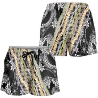 Black Palaka Hawaii Leis Shorts for Women Hawaiian-plaid Elegant Tropical Vibes - Polynesian Pride