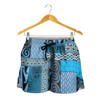 Blue Aotearoa Kowhaiwhai Pattern Shorts for Women NZ Maori Quilt Style LT14 - Polynesian Pride