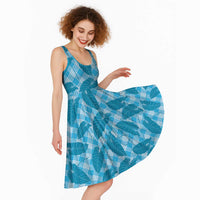 Blue Hawaii Kalo Palaka Motifs Midi Dress Hawaiian Taro Leaves Elegant Vibes