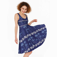 Blue Hawaii Palm Tree Hibiscus Midi Dress Fantasy Summer Vibe LT01 - Polynesian Pride