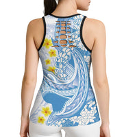 Blue Hawaii Shark Tattoo Hollow Tank Top Puakenikeni Lei Plumeria Polynesian Pattern