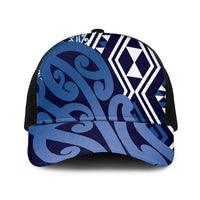 Blue New Zealand Mesh Trucker Cap Aotearoa Kowhaiwhai Mix Taniko Art - Polynesian Pride