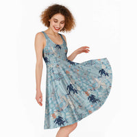 Blue Palaka Crane and Flowers Midi Dress Japan Heritage Spirit - Polynesian Pride
