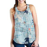 Blue Palaka Crane and Flowers Women Racerback Tank Japan Heritage Spirit - Polynesian Pride